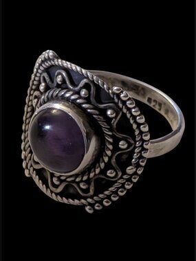 925 Sterling Silver Amethyst Ornate Pattern Size 7.5 Large Statement Ring